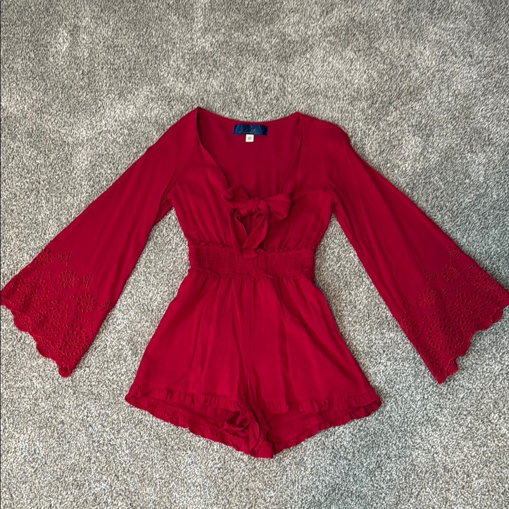 Francesca's Collections Red Lace Bell Sleeve Romper